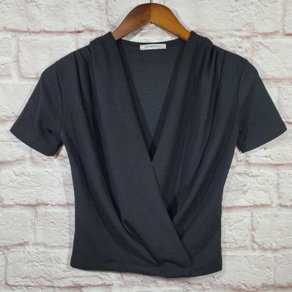 Zara Black Wrap Front V Neck Crepe Fabric Cropped Blouse
